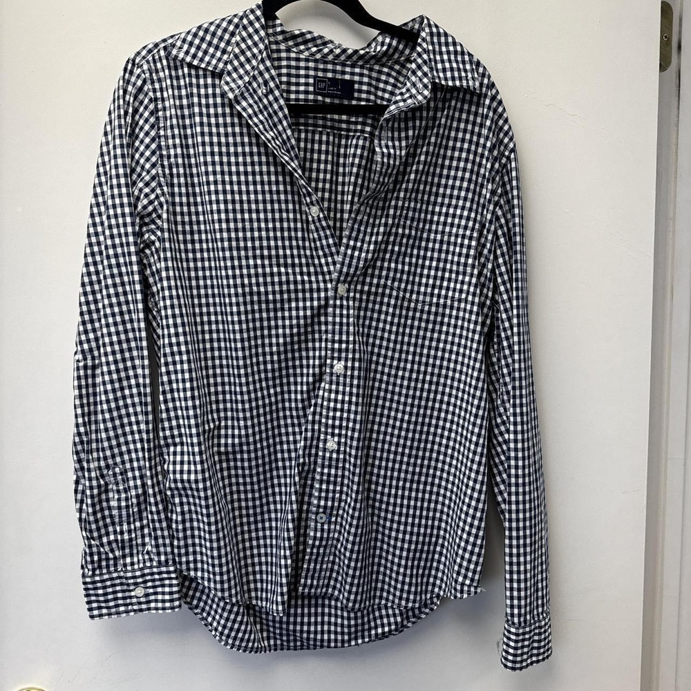 Navy and white gingham long sleeve button up shirt